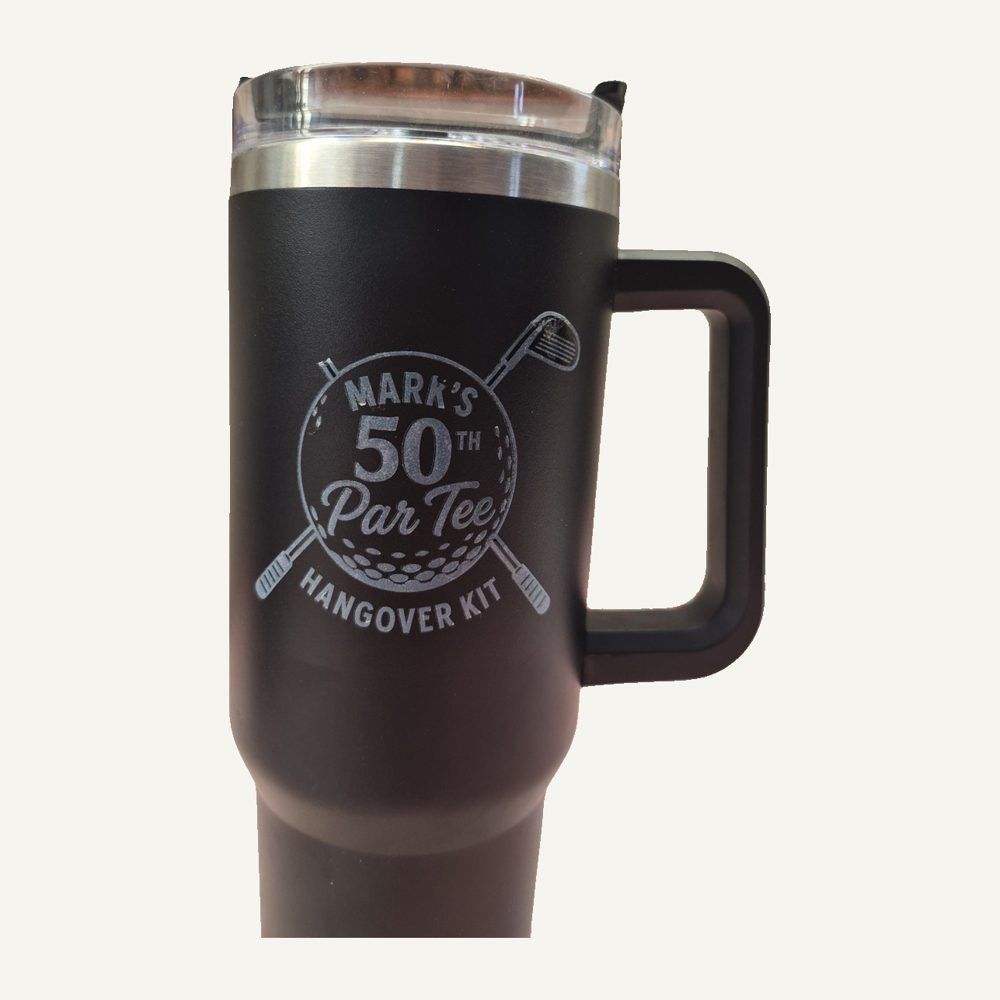 Travel tumbler with 50th birthday logo